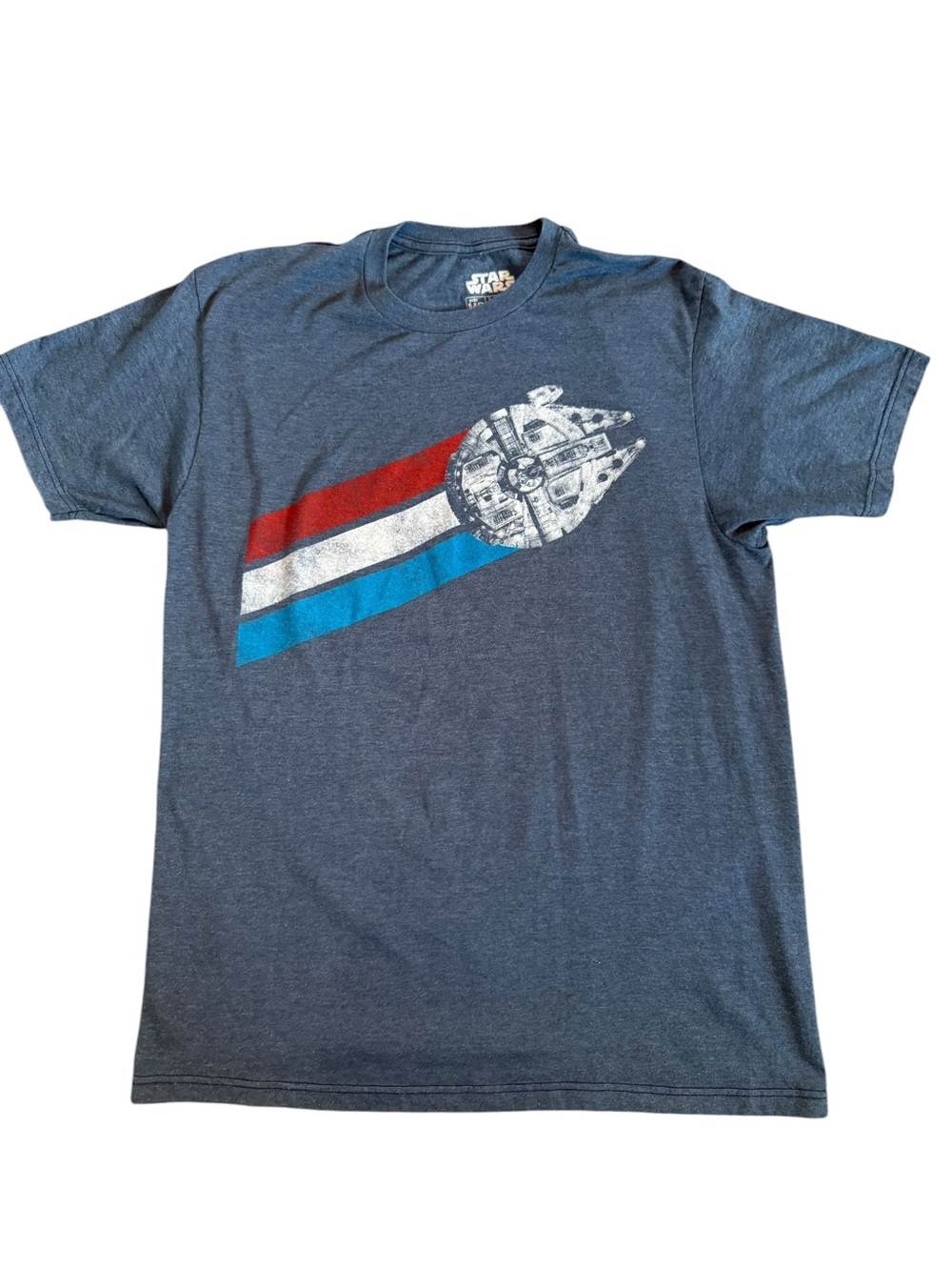 Star Wars Men’s Blue Graphic Tee with Red White and Blue Stripe Size Medium